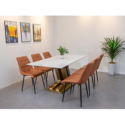 Bộ bàn ghế phòng ăn Tundo mặt trắng vân mây chân inox mạ PVD kèm 6 ghế 