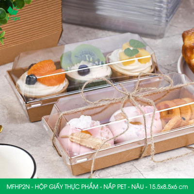 MFHP2N - 15.5x8.5x6 cm - 50 hộp giấy kraft thực phẩm màu nâu nắp Pet, hộp giấy chữ nhật đựng thức ăn, hộp bánh nắp trong