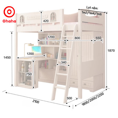 [Miễn phí lắp đặt & vận chuyển] Giường tầng trẻ em thông minh cao cấp có tủ áo và bàn học Ohaha - GTCC026