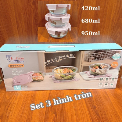 Set 3 hộp đựng thực phẩm thuỷ tinh hình tròn bảo quản đồ ăn tiện lợi - giao màu ngẫu nhiên