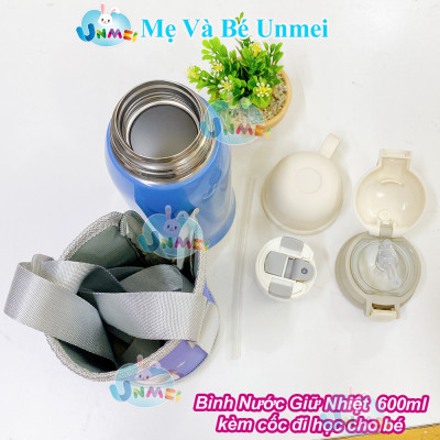 Bình Nước Giữ Nhiệt 2 Nắp Kèm Cốc Cho Bé Mang Đi Học Dung Tích 600ml