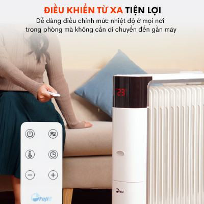 Máy sưởi dầu điều khiển từ xa nhập khẩu FujiE OFR7813,13 thanh sưởi sử dụng phòng 30m2, bảng điều khiển điện tử  tăng giảm nhiệt độ- Hàng CHính Hãng