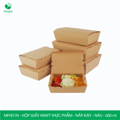 MFHD1N - Combo 100 hộp giấy kraft thực phẩm 600ml, hộp đựng thức ăn nắp đậy màu nâu, hộp gói đồ ăn mang đi
