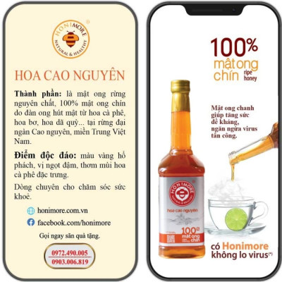 Honimore Mật ong rừng  Nguyên chất Hoa Cao Nguyên 630g - MUA 2 TẶNG 1 CHAI CÙNG SIZE
