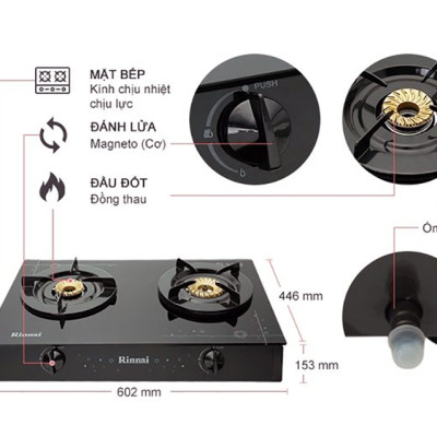 Bếp Ga Dương Đôi Rinnai RV-6 Double Glass(L) + Tặng kèm 1 bộ van và dây gas- Hàng chính hãng