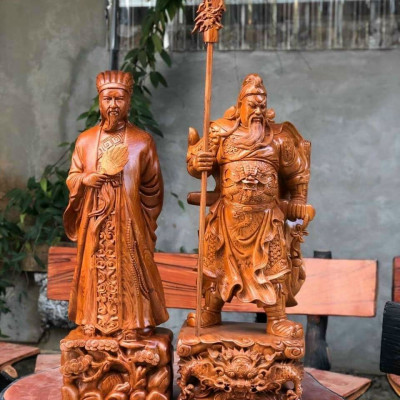Cặp văn võ song toàn, khổng minh ,quan công  bằng gỗ hương đá kt cao 20×9×8cm