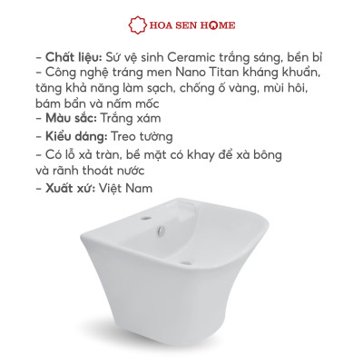 Lavabo treo tường TUSLO COCL001 liền thân, men sứ Nano cao cấp, kháng khuẩn tích hợp khay để xà bông và rãnh thoát nước, có lỗ xả tràn- Hàng chính hãng