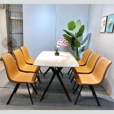 Bộ bàn ăn mặt đá Ceramic bóng chân chữ H kết hợp ghế Ring