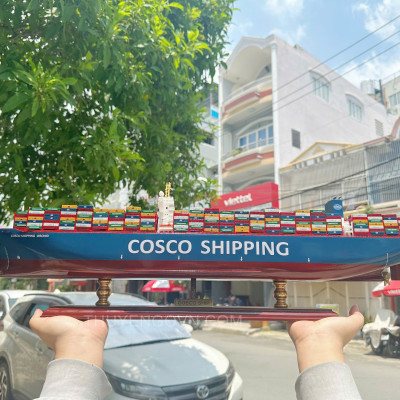 Mô Hình Thuyền Gỗ Phong Thủy Gia Nhiên, Thuyền Container Gỗ COSCO, Dài 100cm, Cao Cấp Loại 1