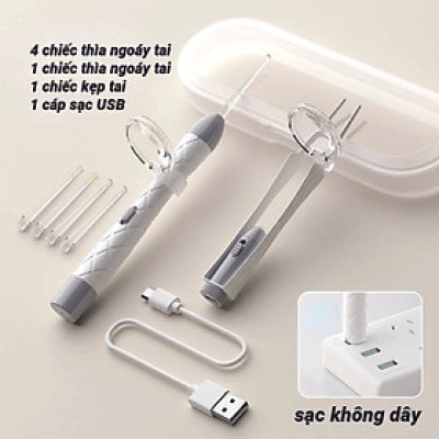 Bộ Dụng Cụ Lấy Ráy Tai Có Đèn Dạ Quang Cho Bé, Tặng kèm 4 đầu ngoáy tai, món vệ sinh tai mũi chuyên nghiệp ( LOẠI XỊN SẠC USB )