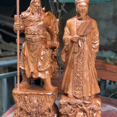 Đôi văn võ song toàn, tượng khổng minh gia cát lượng và tượng quan công gỗ hương kt cao 60