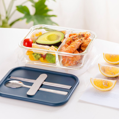 Hộp cơm thủy tinh Lock&Lock chia ngăn kèm muỗng đũa 930ml màu xanh navy LLG991CLNVY - Hàng chính hãng, dùng được lò vi sóng - JoyMall
