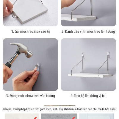 [Mua 2 giảm 10%] Kệ Gỗ Trang Trí Treo Tường Không Khoan SIB Decor, Móc Inox, Phụ Kiện Tặng Kèm KT02