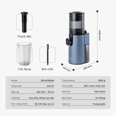 Máy ép chậm Elmich JEE-8758, công suất 240W, bảo toàn dưỡng chất, giữ trọn hương vị, ép kiệt bã tới 98% - Hàng Chính Hãng