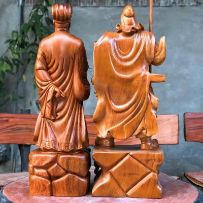 Cặp văn võ song toàn, khổng minh ,quan công  bằng gỗ hương đá kt cao 20×9×8cm