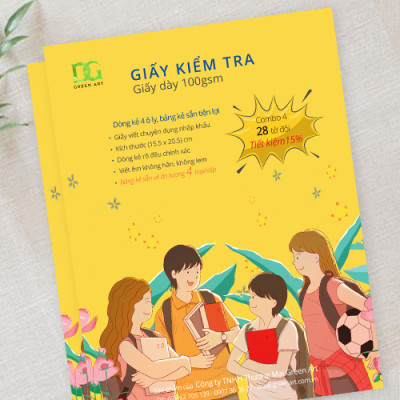 Giấy kiểm tra 4 ô ly giấy trắng dày100gsm bảng kẻ sẵn đẹp tiện lợi, giấy xịn viết êm không lem không hằn, Combo 4: 28 tờ GKTL1-09 Green Art  dòng - Hàng chính hãng