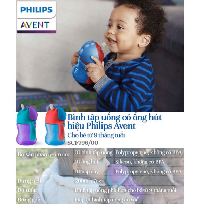 Bình tập uống bằng nhựa có ống hút Philips Avent SCF796/00(200ml/7oz) cho bé từ 9 tháng tuổi