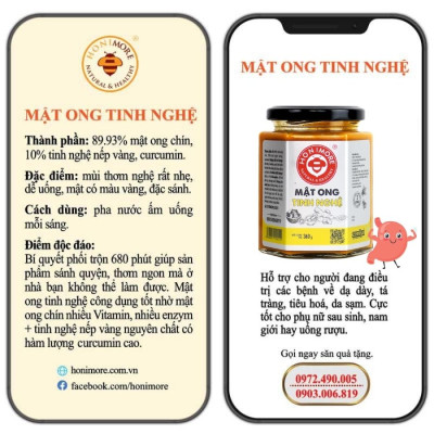Mật ong tinh nghệ 360g Honimore - mật ong phối trộn tinh nghệ cải thiện tiêu hoá