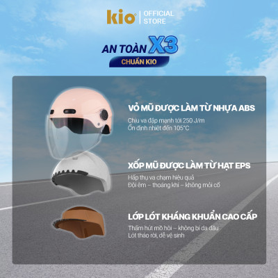 Mũ Bảo Hiểm Nửa Đầu Kio SafeStyle Go KN02KD, Kính Dài Phủ Nano Chống Tia UV, Lớp Lót Kháng Khuẩn