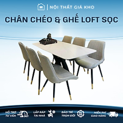 Bàn ăn mặt đá ceramic trắng bóng, ghi bóng, pandora chân bàn chéo chữ x kết hợp ghế Loft sọc 