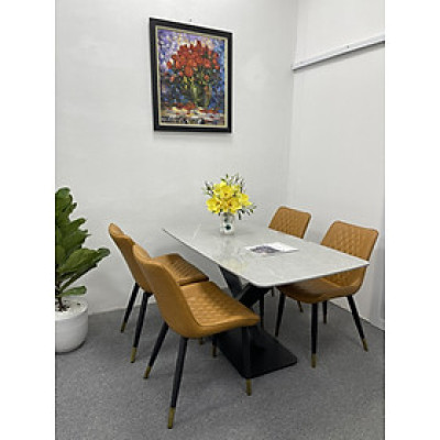 Bộ bàn ghế phòng ăn Juno sofa mặt đá trắng vân mây chân chữ X, kèm 4 ghế chân mạ đồng