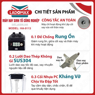 Máy xay sinh tố công nghiệp Ladomax HA9113 phá đá tuyết nhanh, công suất 2280W, có hẹn giờ, moto đồng-Hàng chính hãng