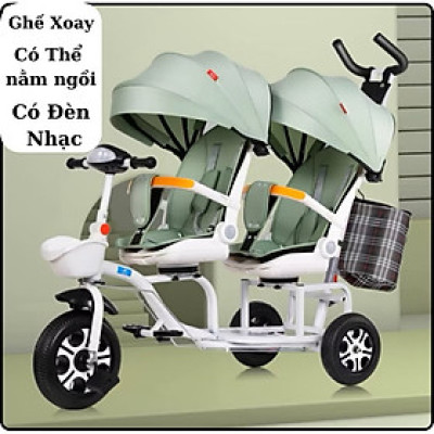 Xe đẩy đôi 3 bánh cho bé ngồi & nằm - Có đèn nhạc - An toàn chắc chắn