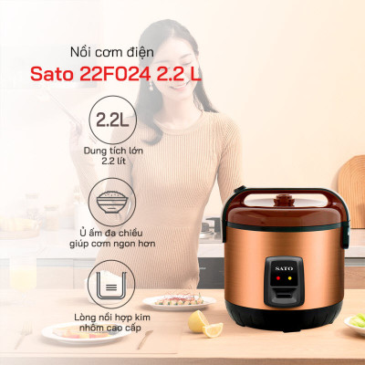 Nồi cơm điện 2.2L SATO 22F024 - Giúp nấu chín cơm dễ dàng, thơm ngon - Hàng chính hãng