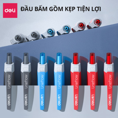 Bút gel bấm Bút bi nước mực Xanh/Đen/Đỏ Deli cho Văn phòng Học sinh ngòi 0.5mm - Mực đều chữ đẹp