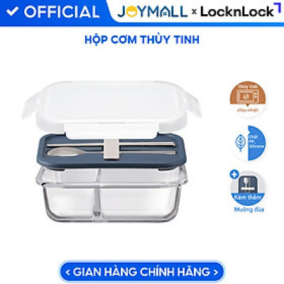 Hộp cơm thủy tinh Lock&Lock chia ngăn kèm muỗng đũa 930ml màu xanh navy LLG991CLNVY - Hàng chính hãng, dùng được lò vi sóng - JoyMall