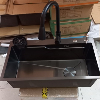  Combo chậu rửa chén bát 1 hố lớn Valenza size 7846 sus304 nano đen kháng khuẩn kèm vòi rửa bát rút dây Valenza sus304, bộ xả to ngăn mùi, khay inox kín-TẶNG BÌNH NƯỚC RỬA CHÉN