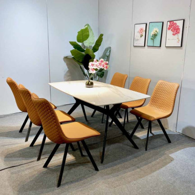 Bộ bàn ăn mặt đá Ceramic bóng chân chữ H kết hợp ghế Ring