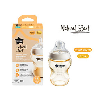 Bình sữa Tommee Tippee Natural Start PPSU ty siêu mềm tự nhiên 260ml, núm ty đi kèm 3 - 6 tháng