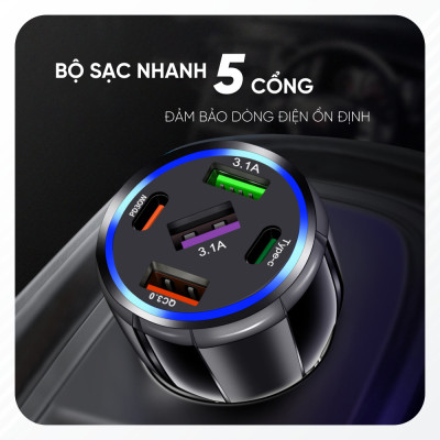 Tẩu Sạc Xe Ô Tô Chia 5 Cổng USB Type C Chuẩn PD, Cổng Quick Charge 3.0 | Kích Thước Nhỏ Gọn, Sạc Nhanh, Dòng Điện Ổn Định