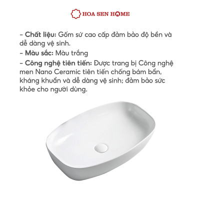 Lavabo đặt bàn TUSLO L009 gốm sứ tráng men Nano Ceramic kháng khuẩn - Hoa Sen Home - Hàng chính hãng