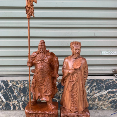 Đôi văn võ song toàn, tượng khổng minh gia cát lượng và tượng quan công gỗ hương kt cao 60