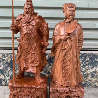 Cặp văn võ song toàn, khổng minh ,quan công  bằng gỗ hương đá kt cao 20×9×8cm