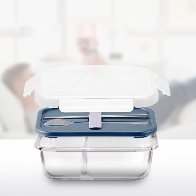 Hộp cơm thủy tinh Lock&Lock chia ngăn kèm muỗng đũa 930ml màu xanh navy LLG991CLNVY - Hàng chính hãng, dùng được lò vi sóng - JoyMall