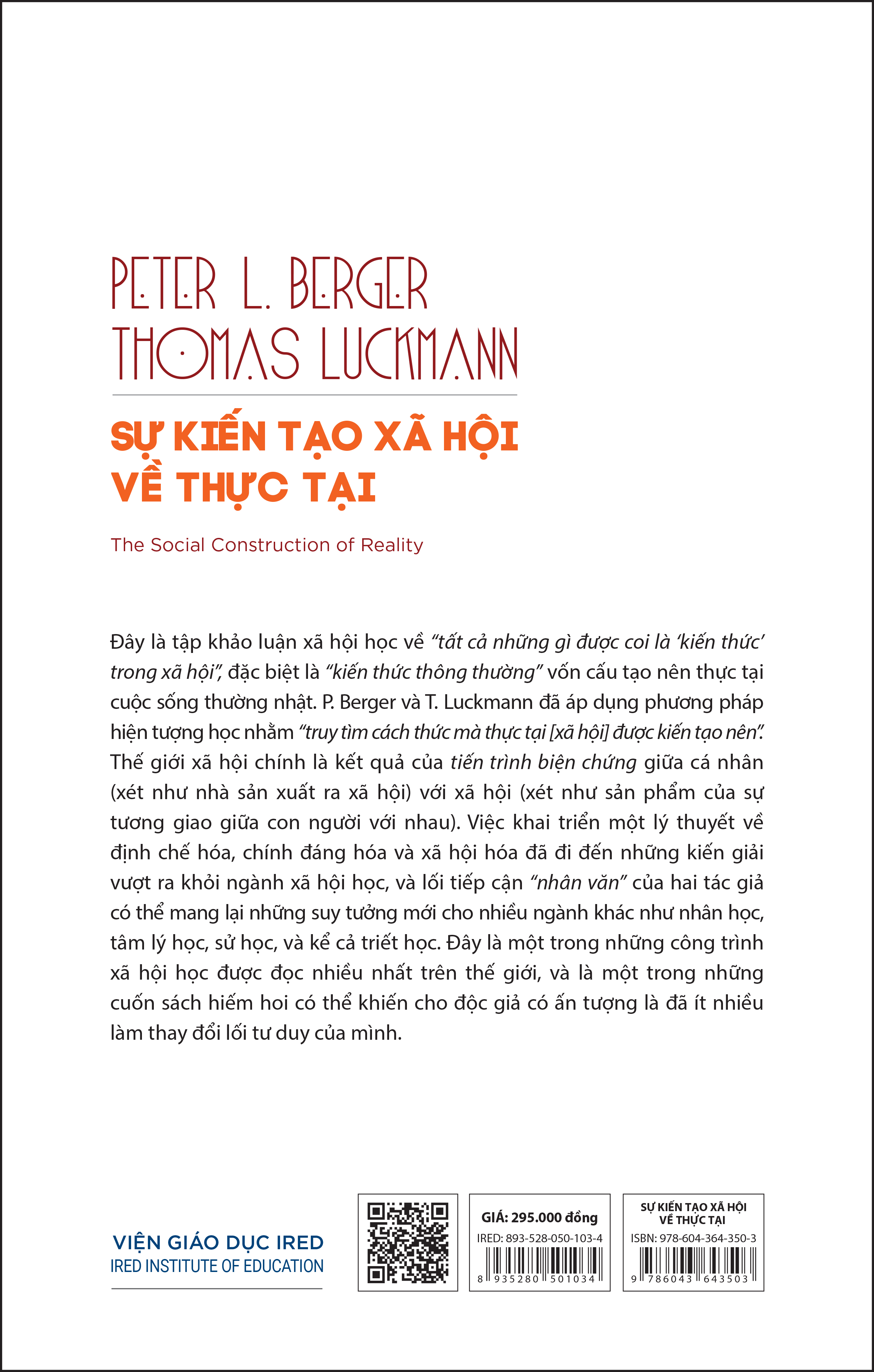 SỰ KIẾN TẠO XÃ HỘI VỀ THỰC TẠI (The Social Construction of Reality) - Peter L. Berger & Thomas Luckmann - Trần Hữu Quang - (bìa cứng)