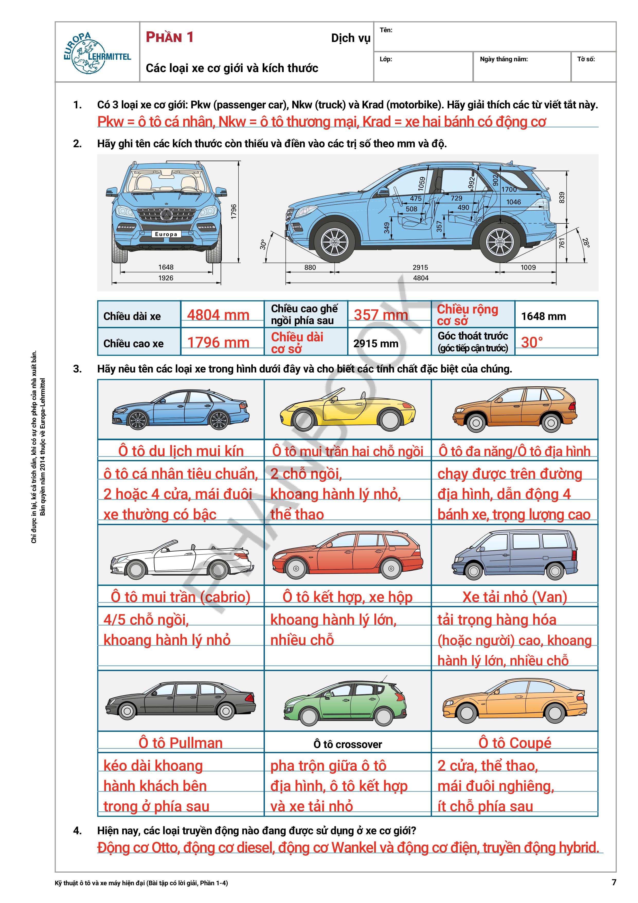 Kỹ Thuật Ô Tô Và Xe Máy Hiện Đại (Bài Tập Có Lời Giải Phần 1-4 _ Sách Màu)