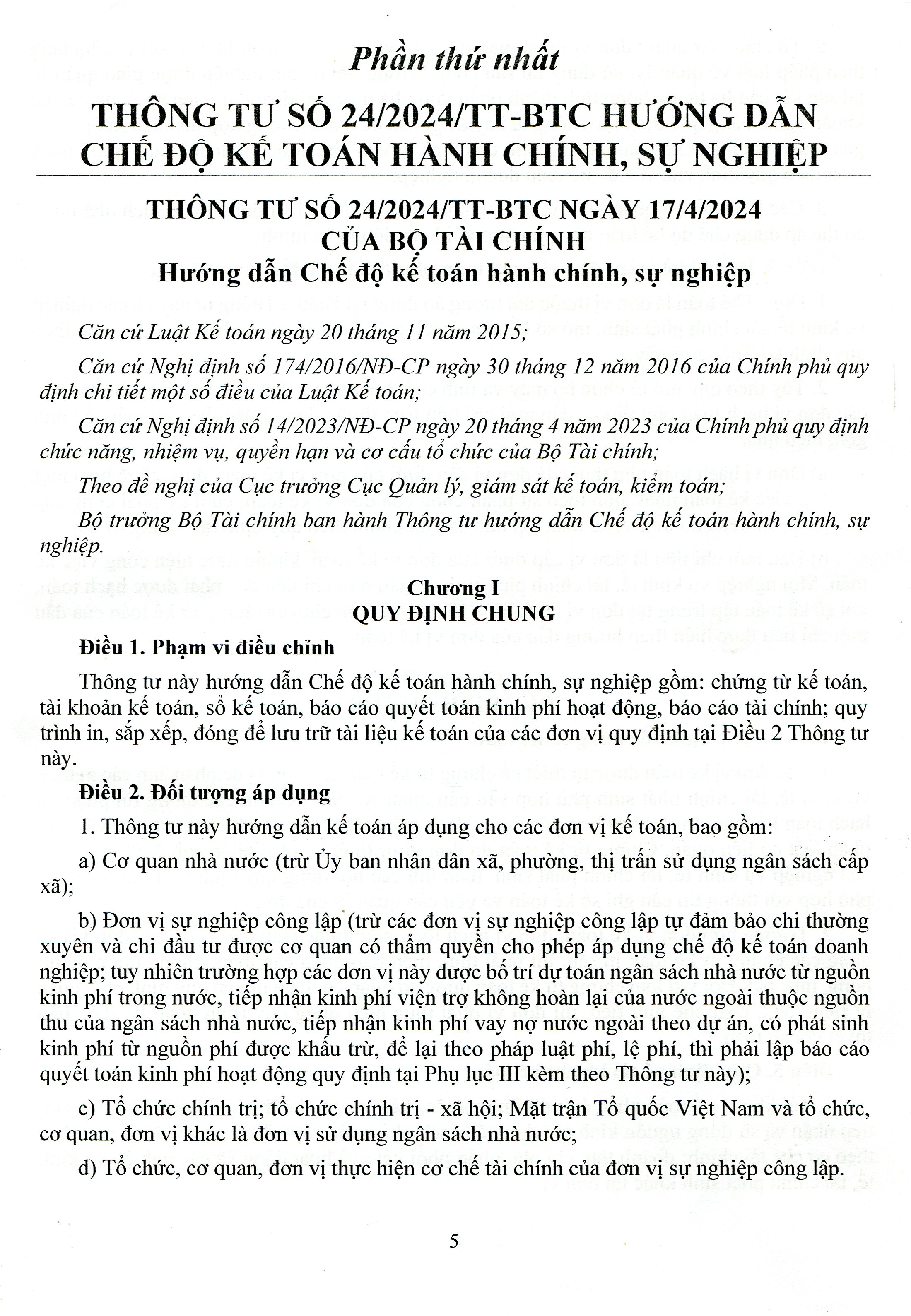Chế Độ Kế Toán Hành Chính, Sự Nghiệp (theo Thông tư 24/2024/TT-BTC ngày 17/4/2024 của Bộ trưởng Bộ Tài chính)