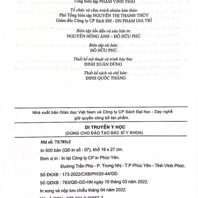 Di truyền Y học (Dùng cho đào tạo bác sĩ Y khoa)