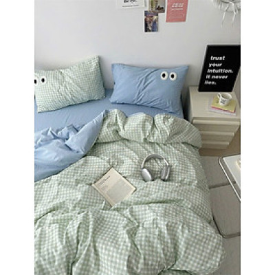 Bộ vỏ chăn ga gối cotton tici LIDACO họa tiết kẻ đôi mắt hiện đại bo chun đủ mọi cỡ nệm