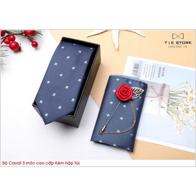 Ca Vat bộ 3 món kèm hộp túi xách cao cấp, quà tặng chú rể, Cavat họa tiết xanh chấm bi