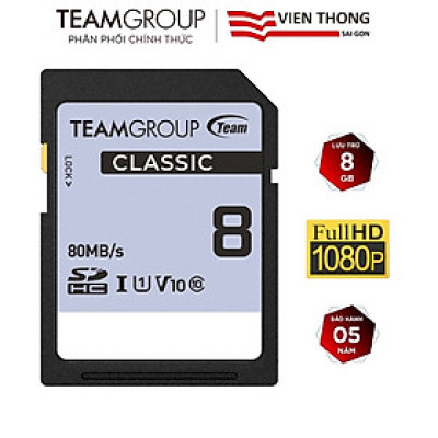 Thẻ nhớ SDHC Team Group Classic 8GB UHS-I U1 V10 Class 10 (dành cho máy ảnh) - Hàng chính hãng