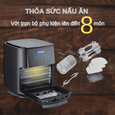 Nồi Chiên Không Dầu SHIMONO SM-AF1086T 10L 1800W Cao Cấp Tiêu Chuẩn FDA Hoa Kỳ, LFGB Đức Tặng Kèm Trọn Bộ 9 Phụ Kiện Hàng Chính Hãng