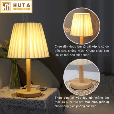 Đèn Ngủ Để Bàn HUTA G4 Gỗ Chao Xếp Ly Vintage Dễ Thương, Decor Trang Trí Phòng Ngủ, Đọc Sách Đầu Giường, Điều Chỉnh Độ sáng, Đèn Vàng Bóng LED Tiết Kiệm Điện