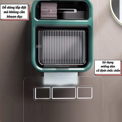 Hộp Đựng Giấy Vệ Sinh 2 tầng có kệ để diện thoại dán tường chất liệu ABS + PP cao cấp chống nước có ngăn kéo để đồ và kệ để điện thoại, Kệ treo tường đa năng Kitchen