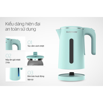 Ấm đun nước siêu tốc Sun house SHD1351 - Bình đun siêu tốc cao cấp inox 2 lớp 1.8L - Hàng chính hãng