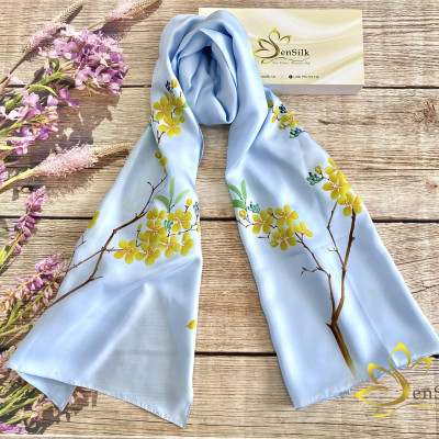 Khăn Lụa Vẽ Tay SenSilk Limited Hoa Mai (Nude-Xanh - Hồng), Quà Tặng Đối Tác, Lụa Tơ Tằm Bảo Lộc 100% Silk made in Vietnam